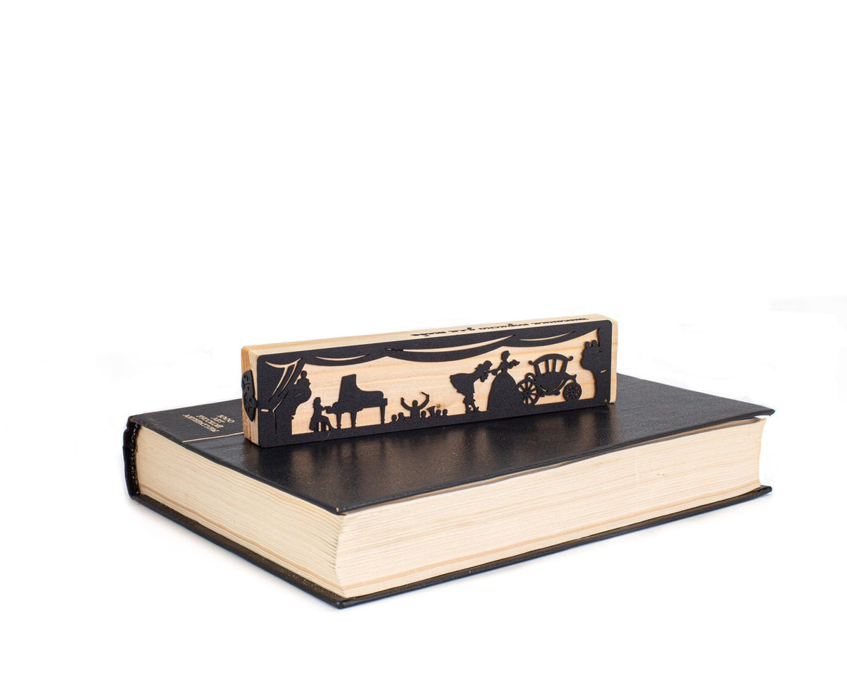 Theater metal bookmark shown with its wooden gift block