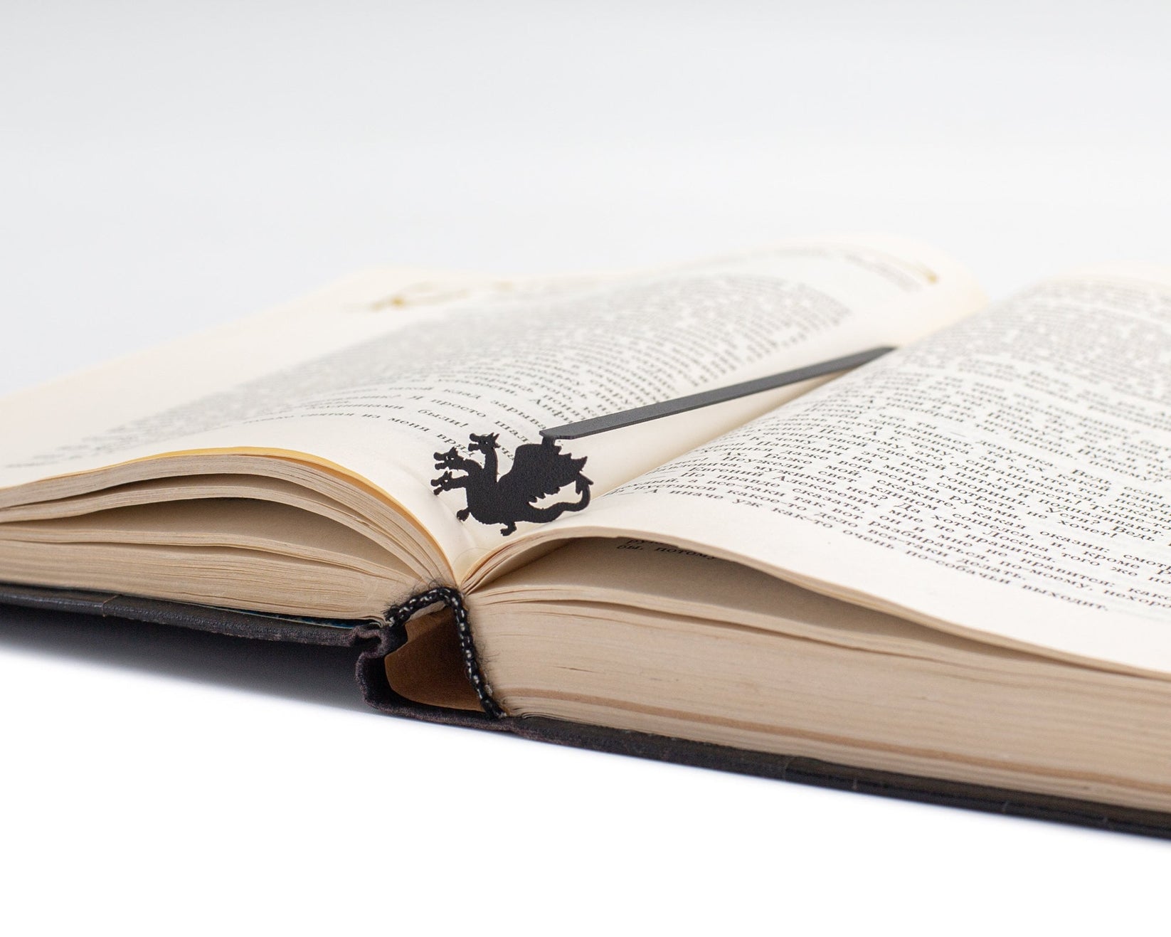Three Headed Dragon metal bookmark resting on the pages of an open book