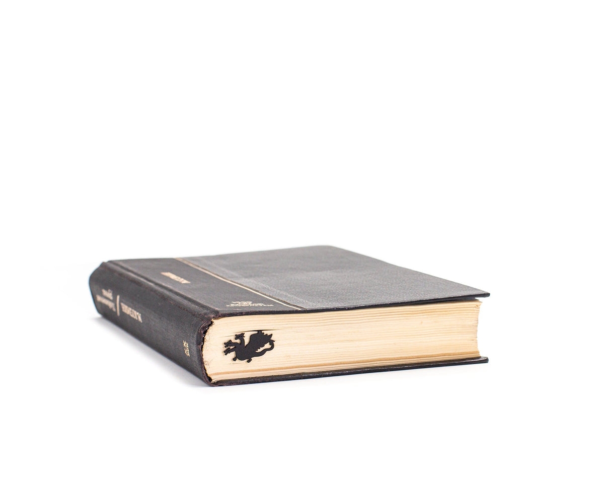 Three Headed Dragon metal bookmark seen from the edge of a closed book