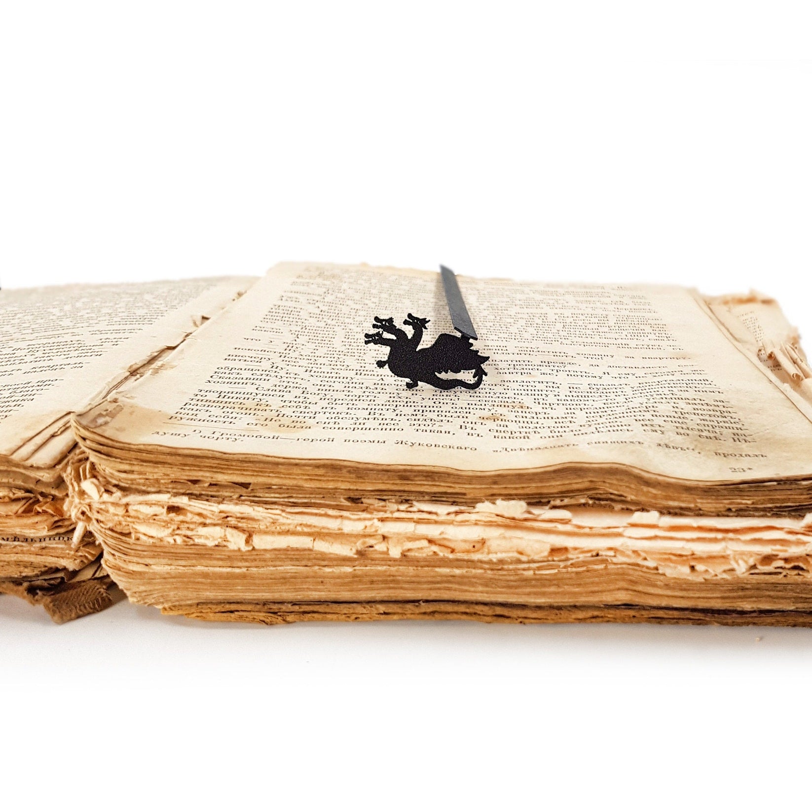 Three Headed Dragon metal bookmark marking a page in an open book