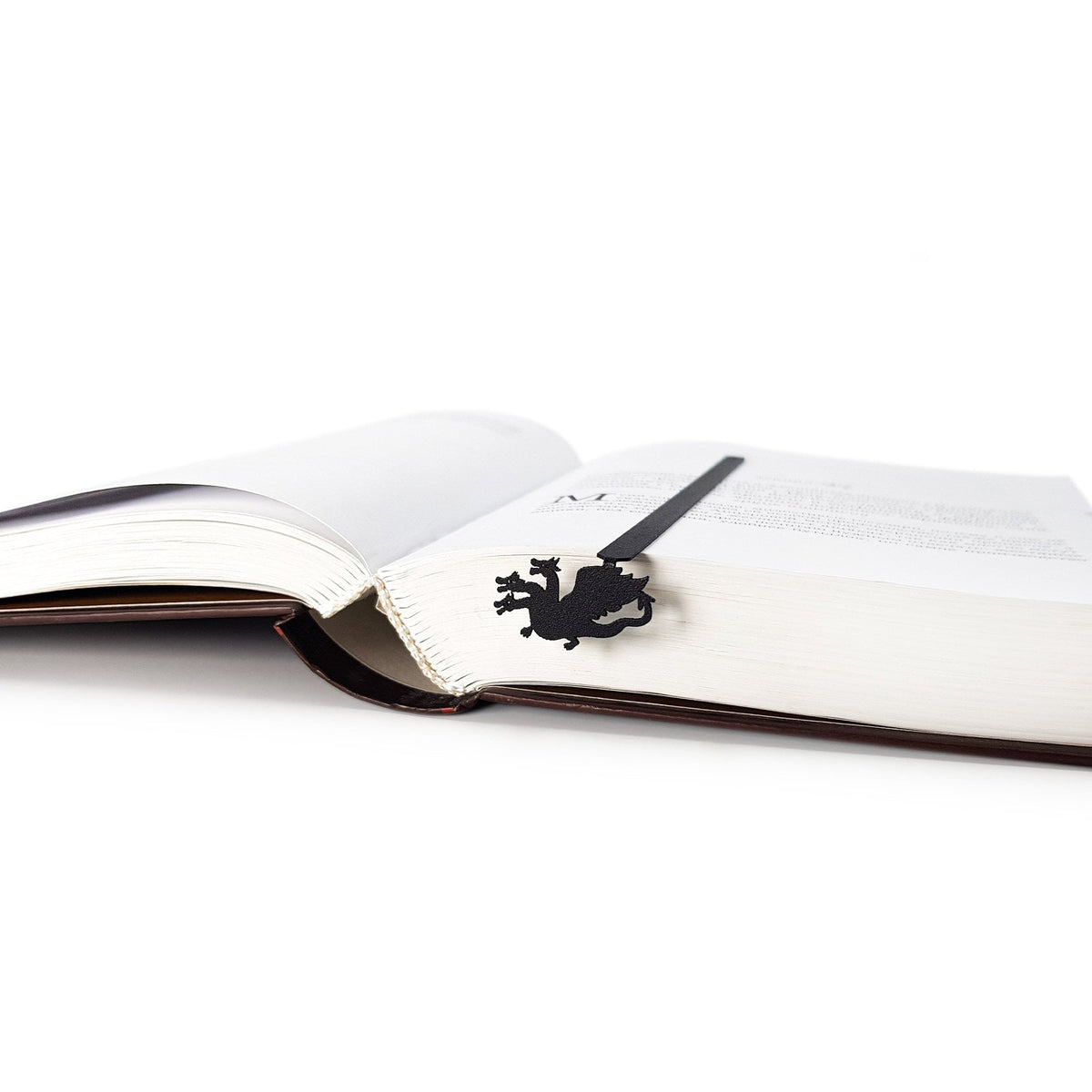 Three Headed Dragon metal bookmark lying across the pages of an open book