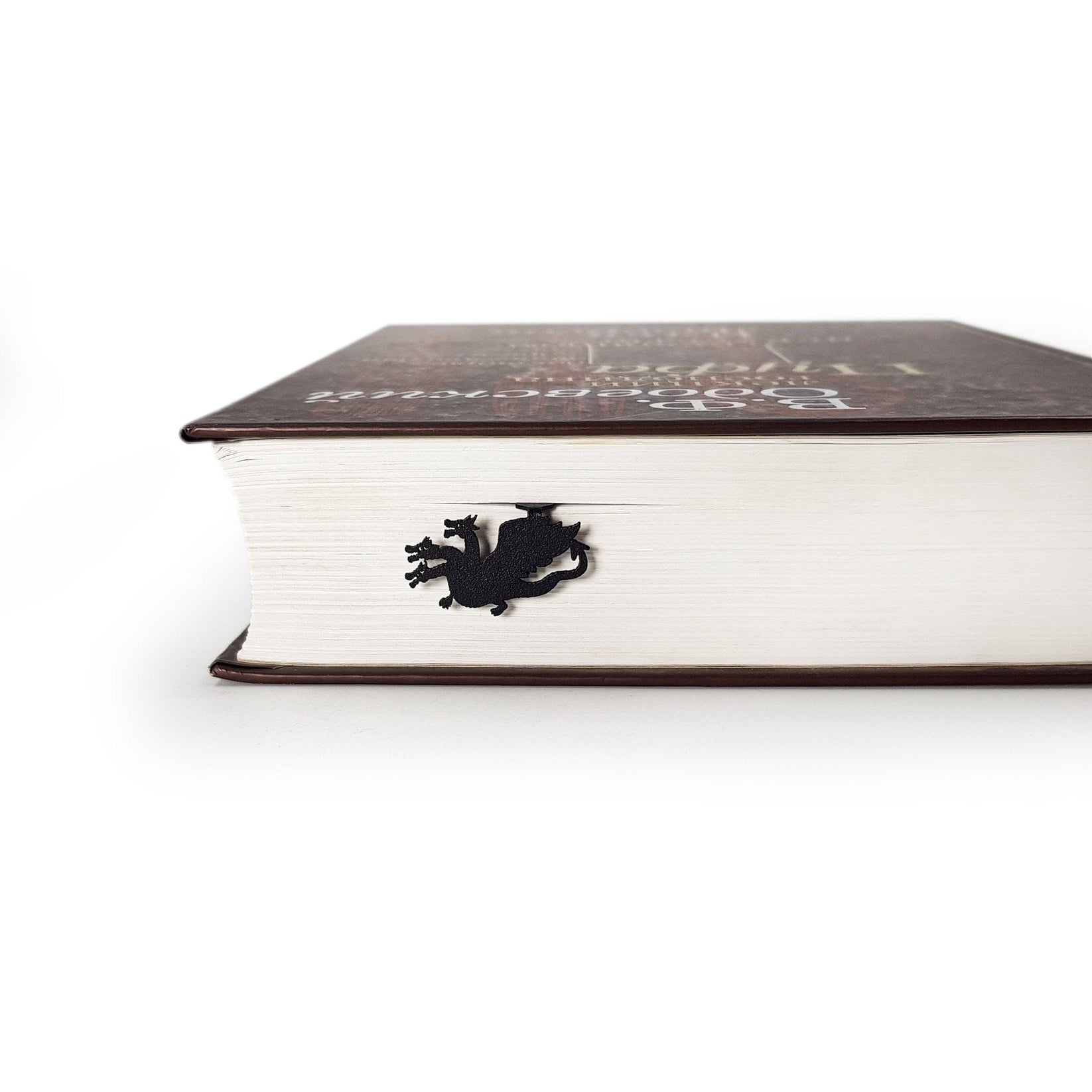 Three Headed Dragon metal bookmark clipped in a closed book, viewed from the side
