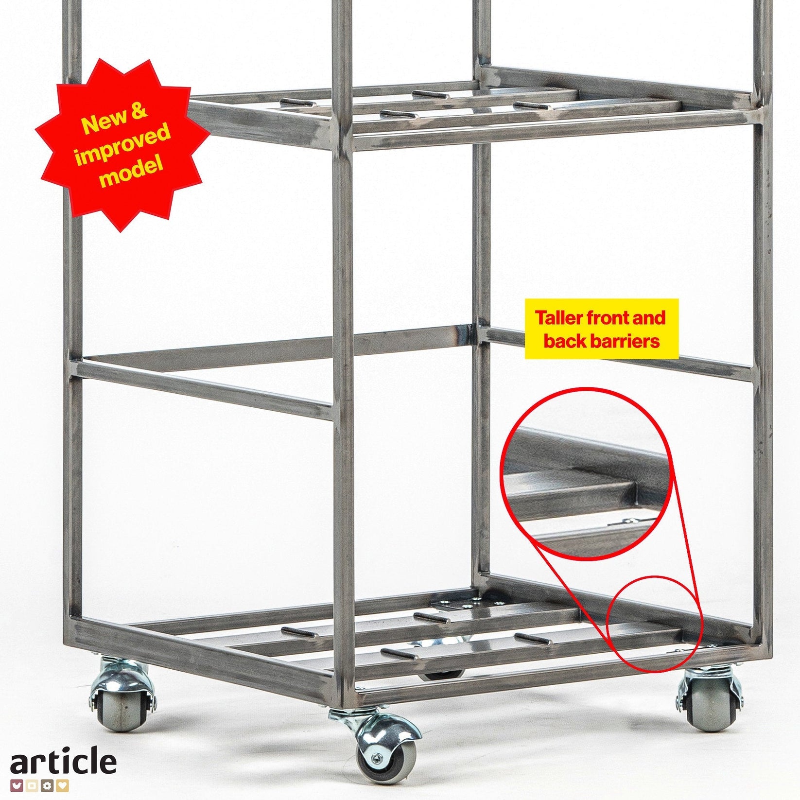 Close-up of lower section of improved vinyl record stand on casters, showing reinforced taller front and back barriers. Red callout highlights structural upgrade.