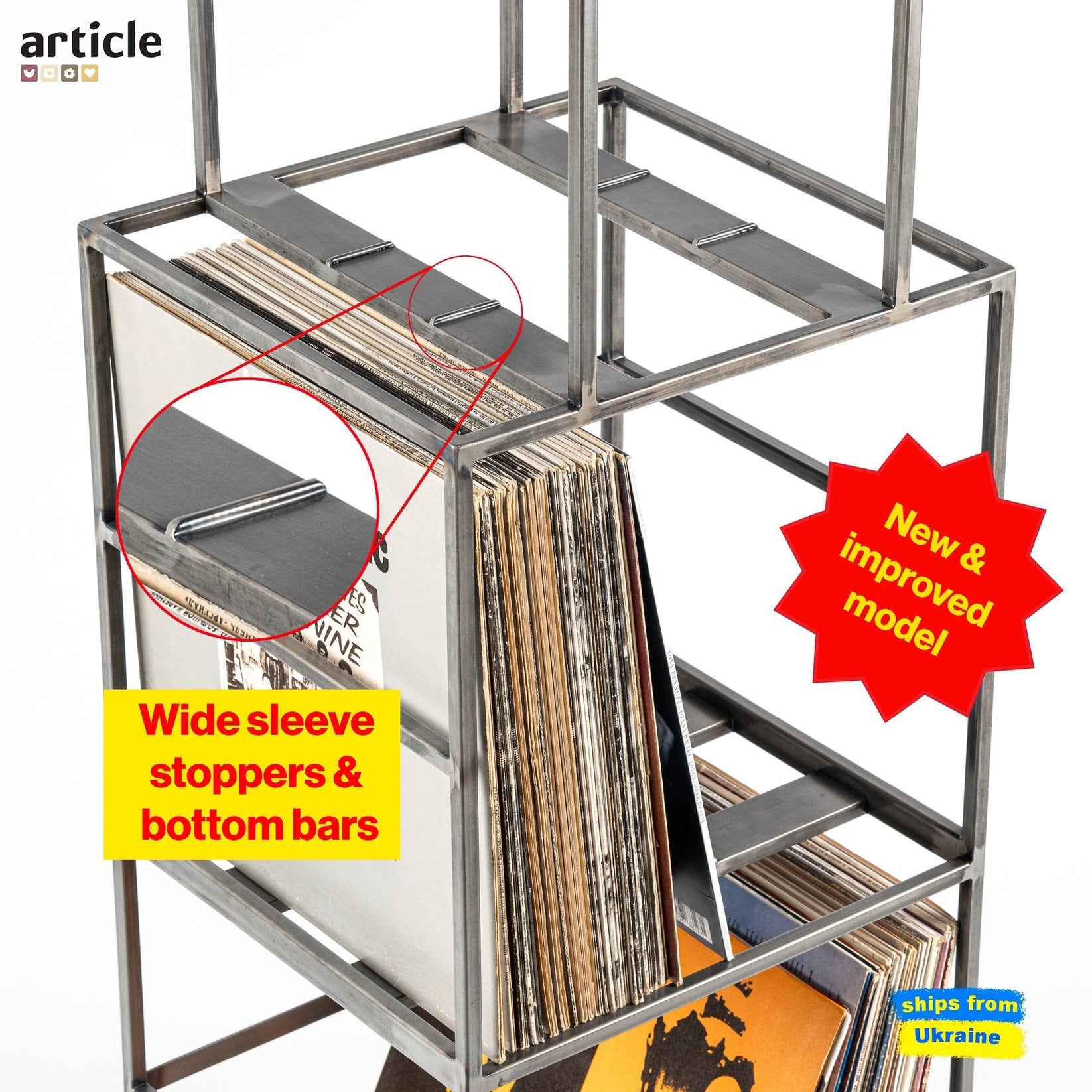 Detail view of upgraded vinyl record stand in raw steel finish, highlighting wide sleeve stoppers and bottom support bars with close-up inset. Features “New & improved model” badge.
