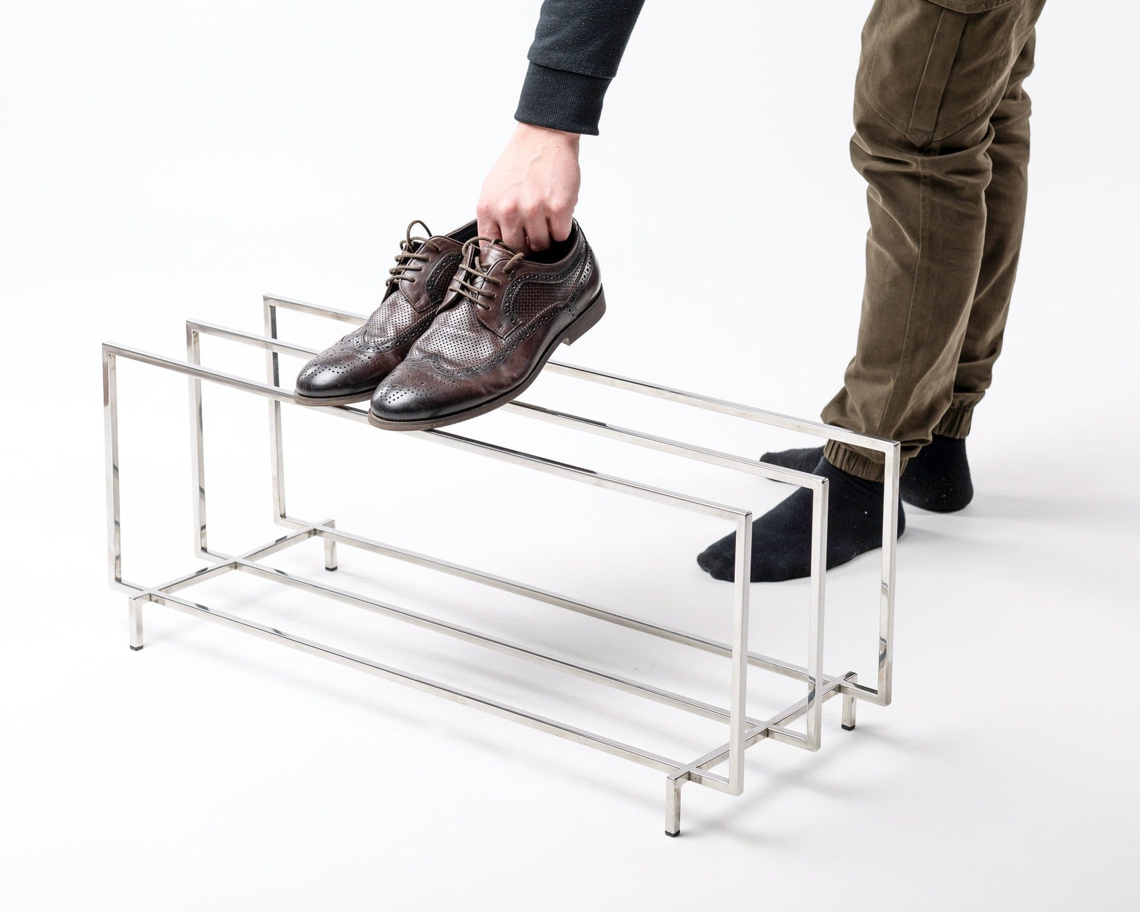 Stainless steel two-tier shoe rack in a hallway - Atelier Article