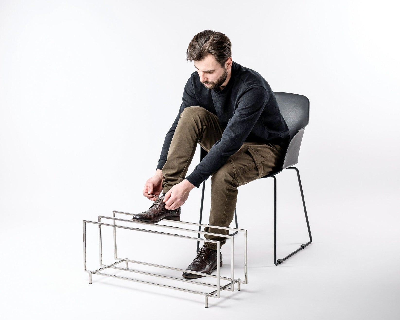 Two-tier stainless steel shoe rack, hand-welded entryway storage - Atelier Article