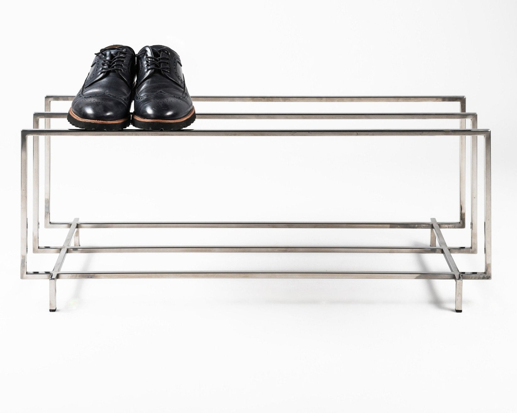 Polished stainless steel two-tier shoe rack, side view - Atelier Article