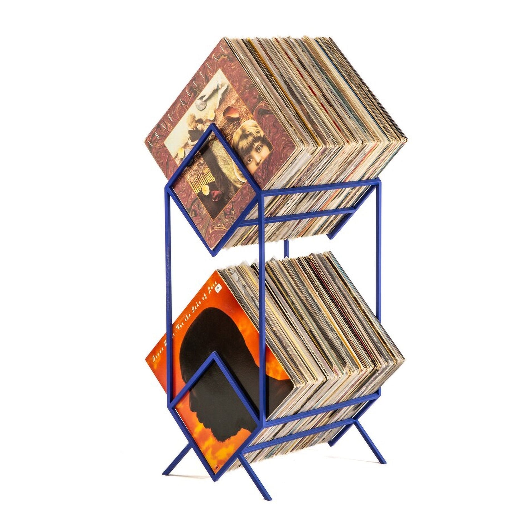 Blue Atelier Article 2Romb two-tier vinyl record stand filled with records