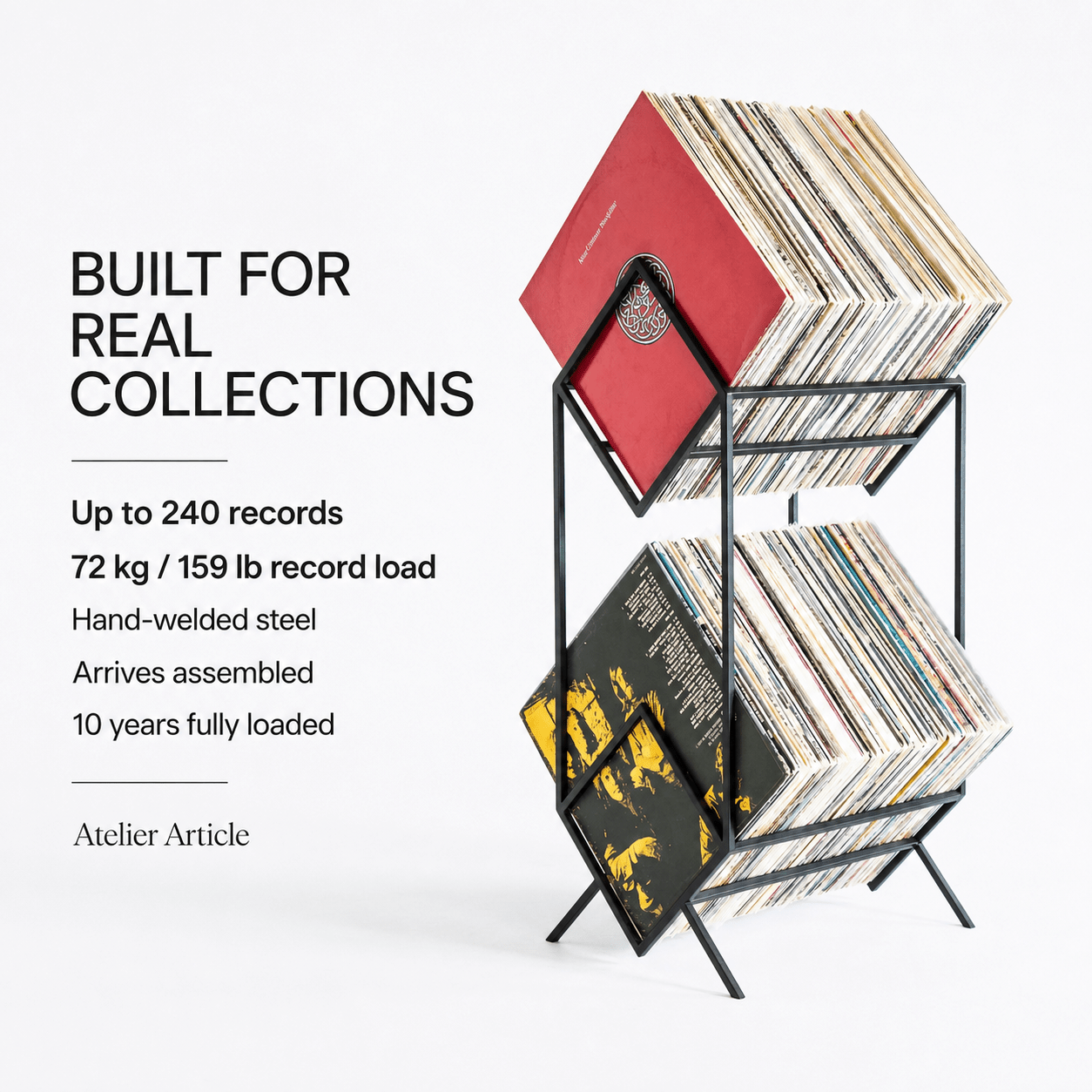 Atelier Article 2Romb record stand fully loaded with up to 240 records and 72 kg record load