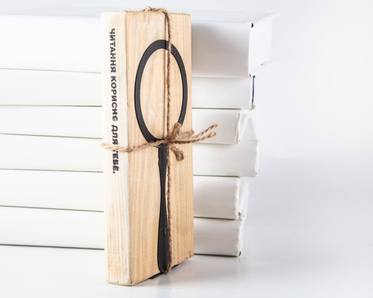 Magnifying Glass metal bookmark shown with its wooden gift block
