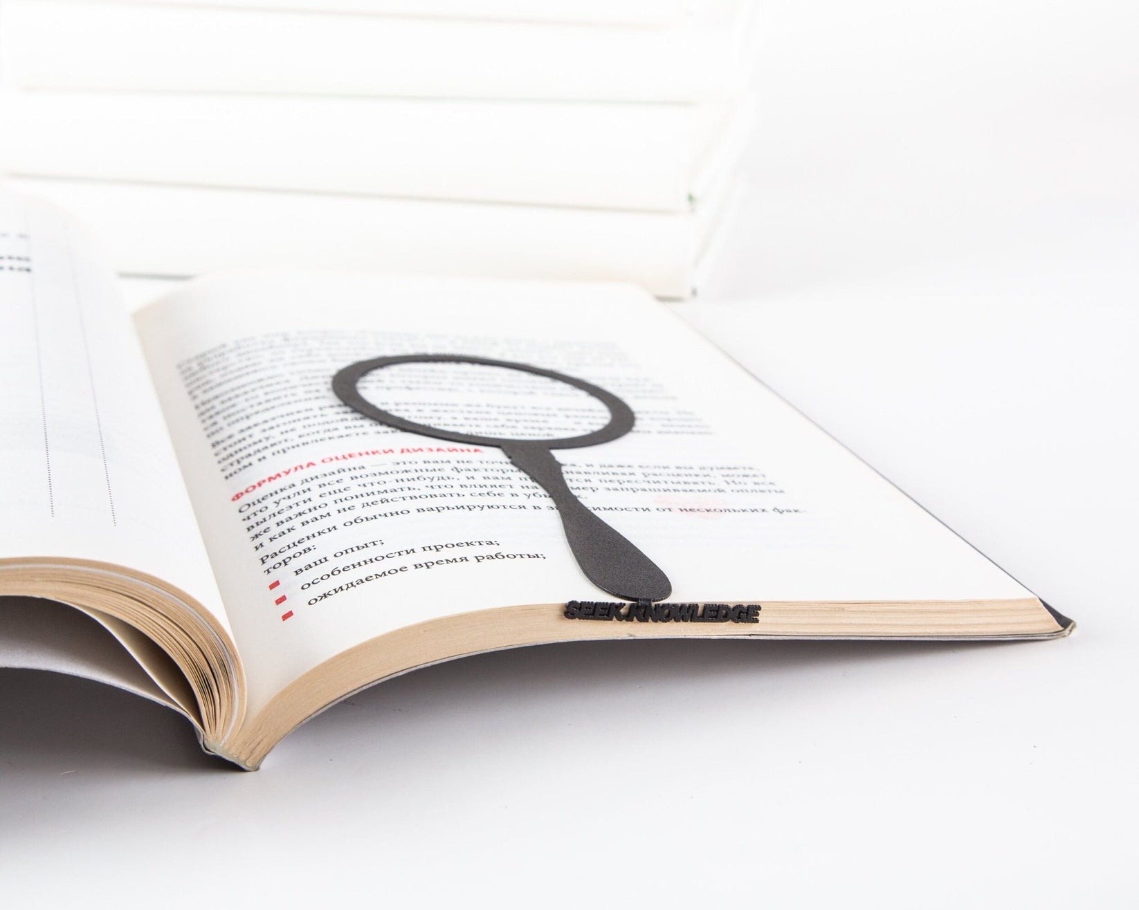Magnifying Glass metal bookmark resting on the pages of an open book