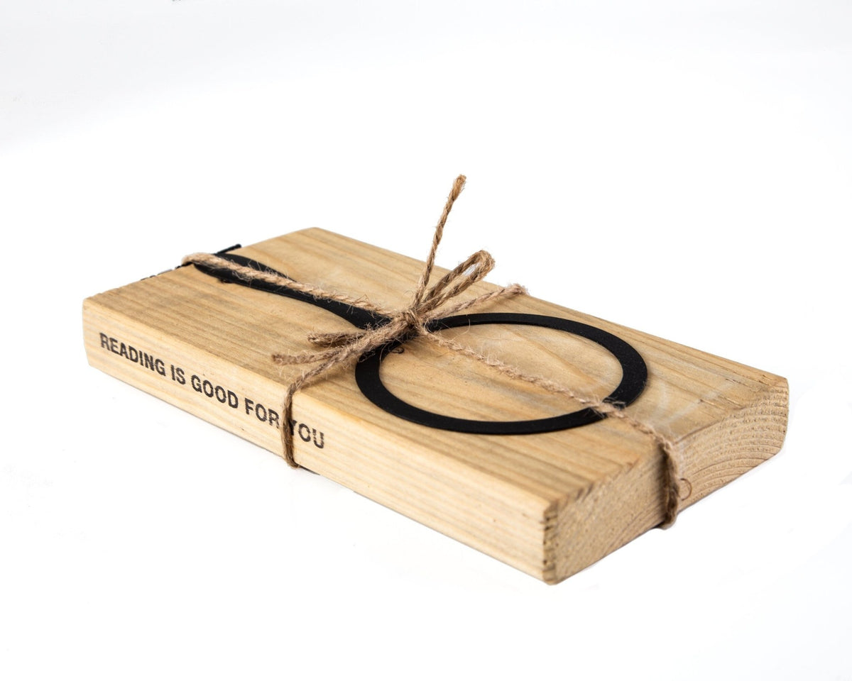 Magnifying Glass metal bookmark with the engraved wooden gift block it ships with