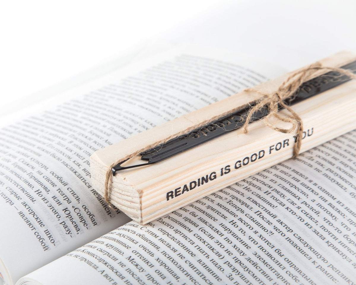 Pencil Read, Think, Create metal bookmark with the engraved wooden gift block it ships with
