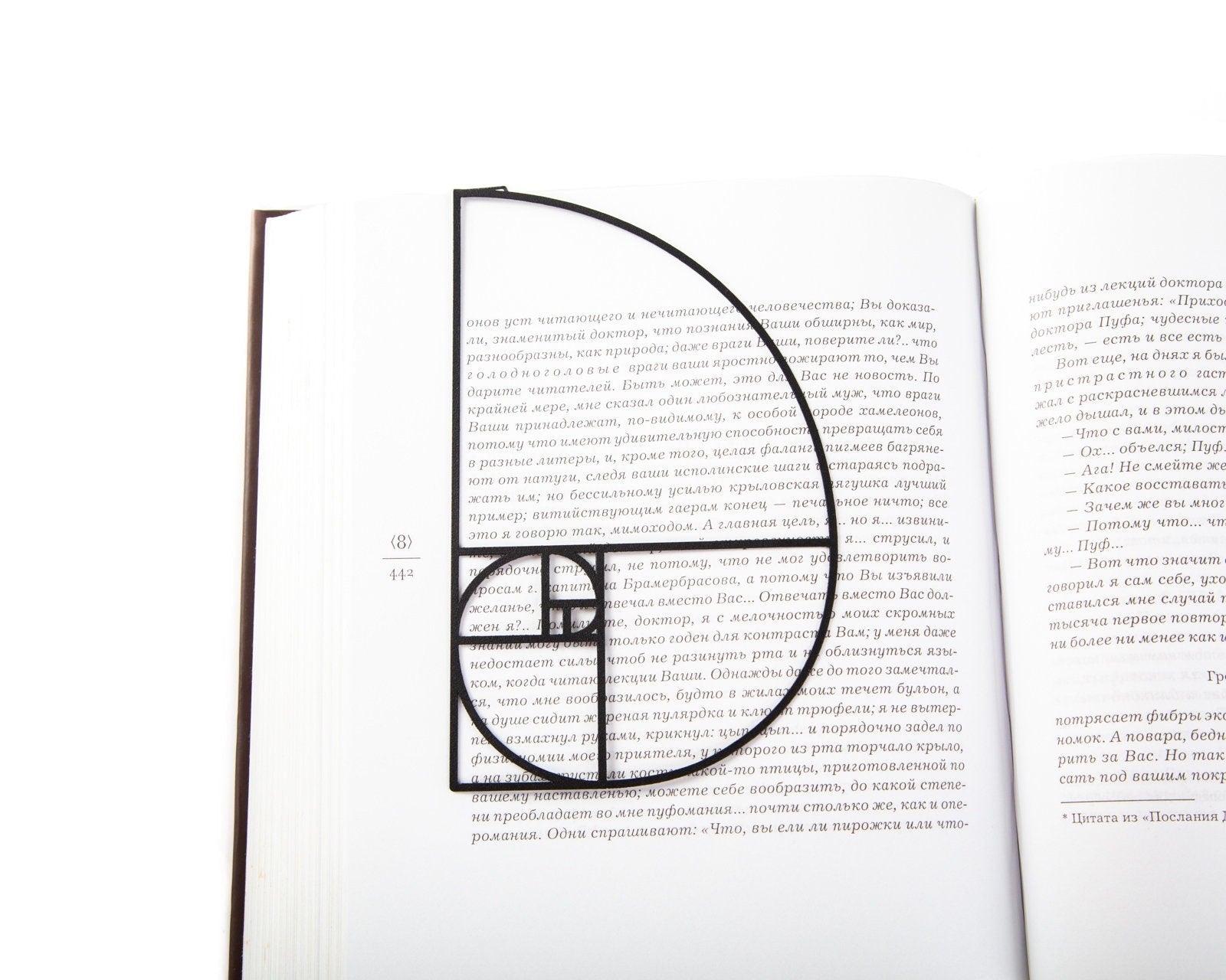 Golden Ratio metal bookmark resting on the pages of an open book