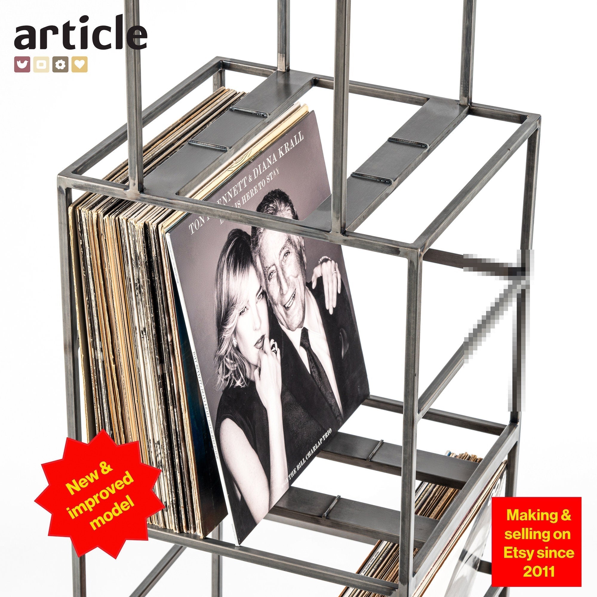 Premium Quality Hand-welded Triple Deck LP Album Mobile Cart, New Improved Model, Holds 180-360 LP Records - Atelier Article