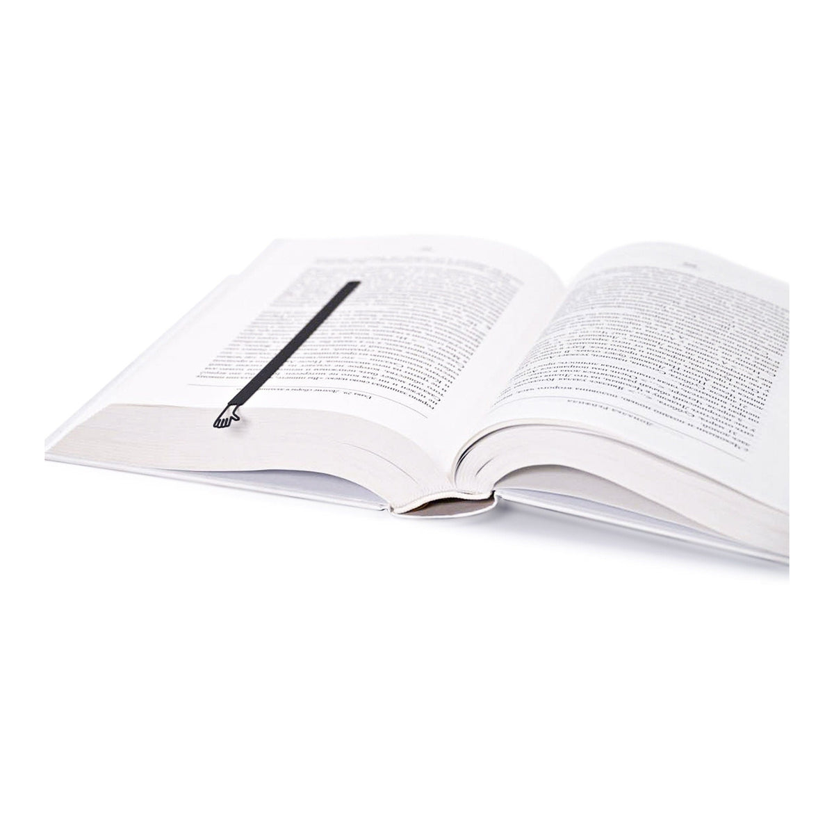 Waving Hand metal bookmark resting on the pages of an open book