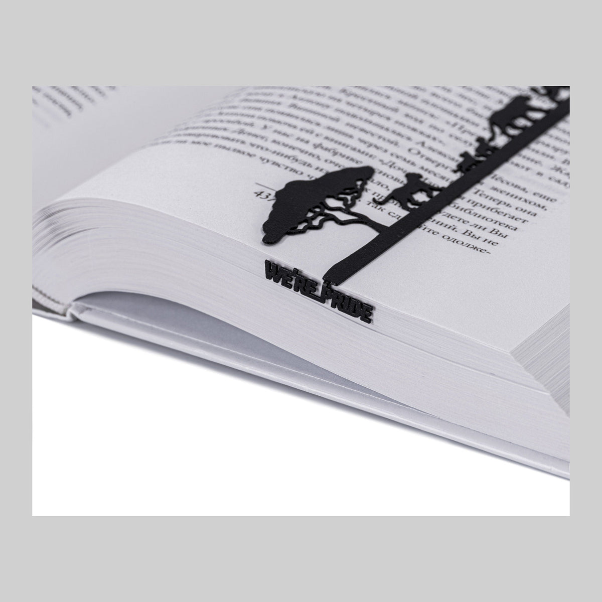 We're a Pride metal bookmark resting on the pages of an open book