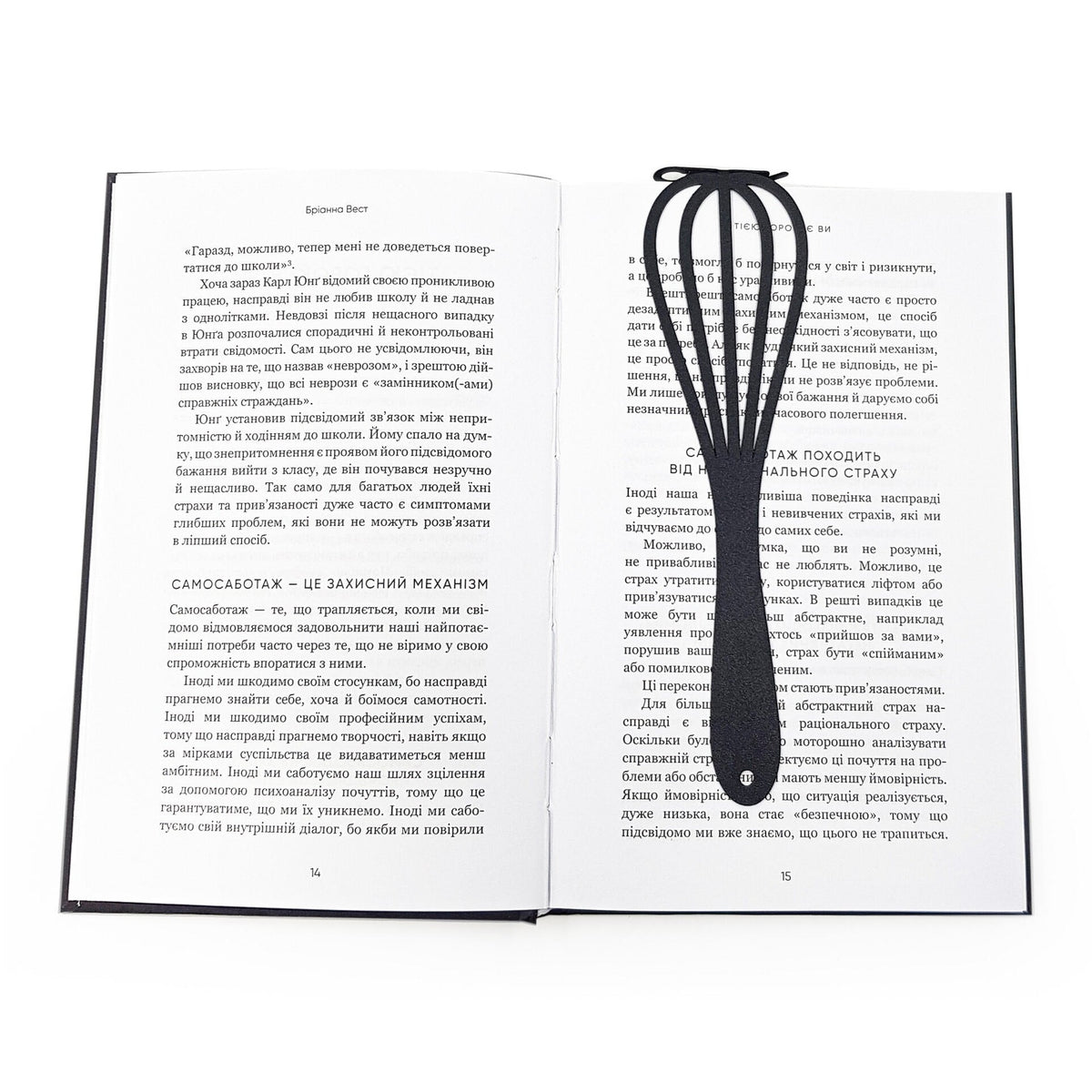 Whisk metal bookmark resting on the pages of an open book