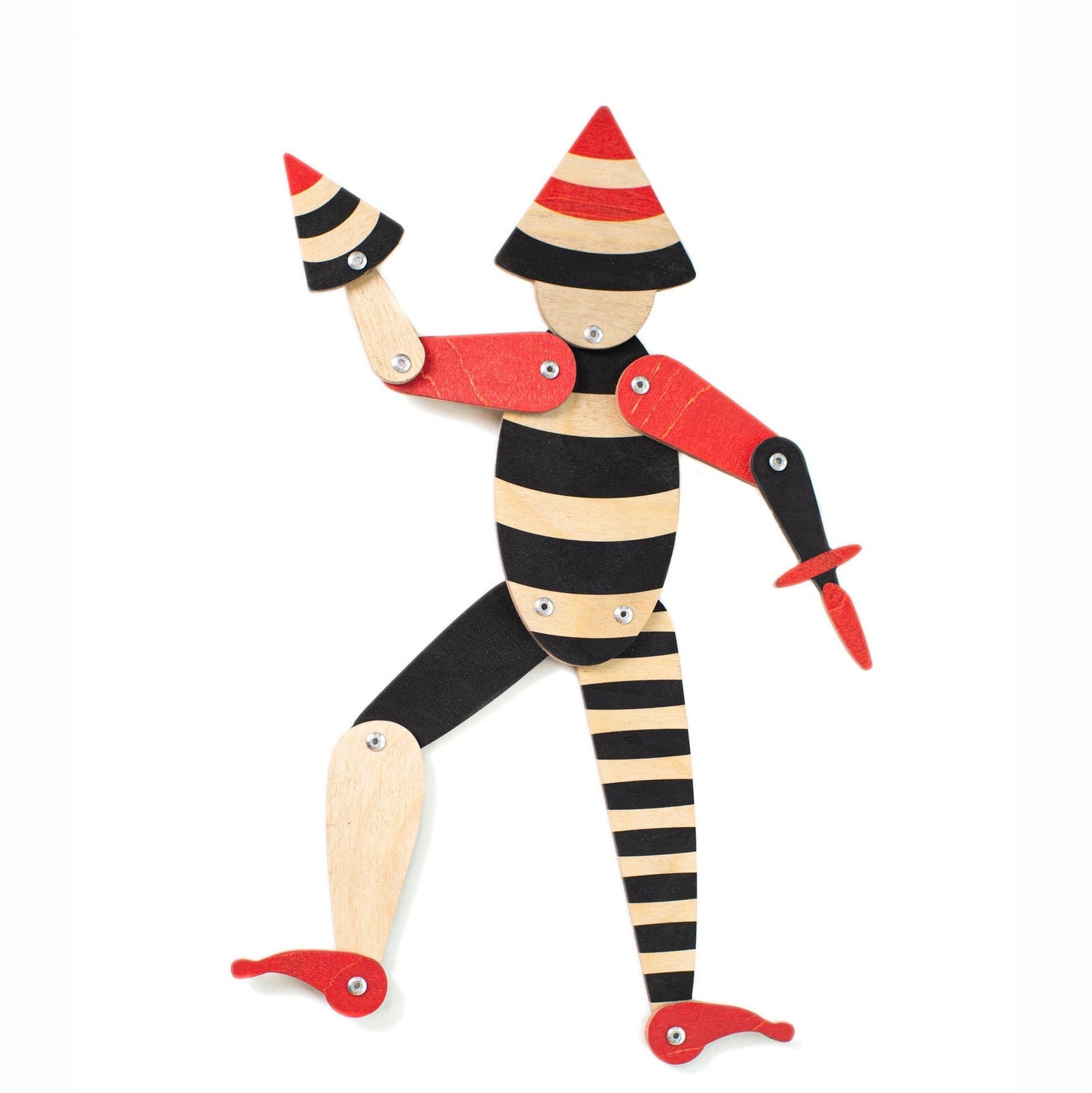 handmade articulated plywood acrobat puppet with movable joints on white background