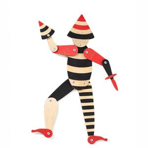 handmade articulated plywood acrobat puppet with movable joints on white background