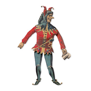 articulated jester puppet movable joints vintage plywood figure handmade on the white background
