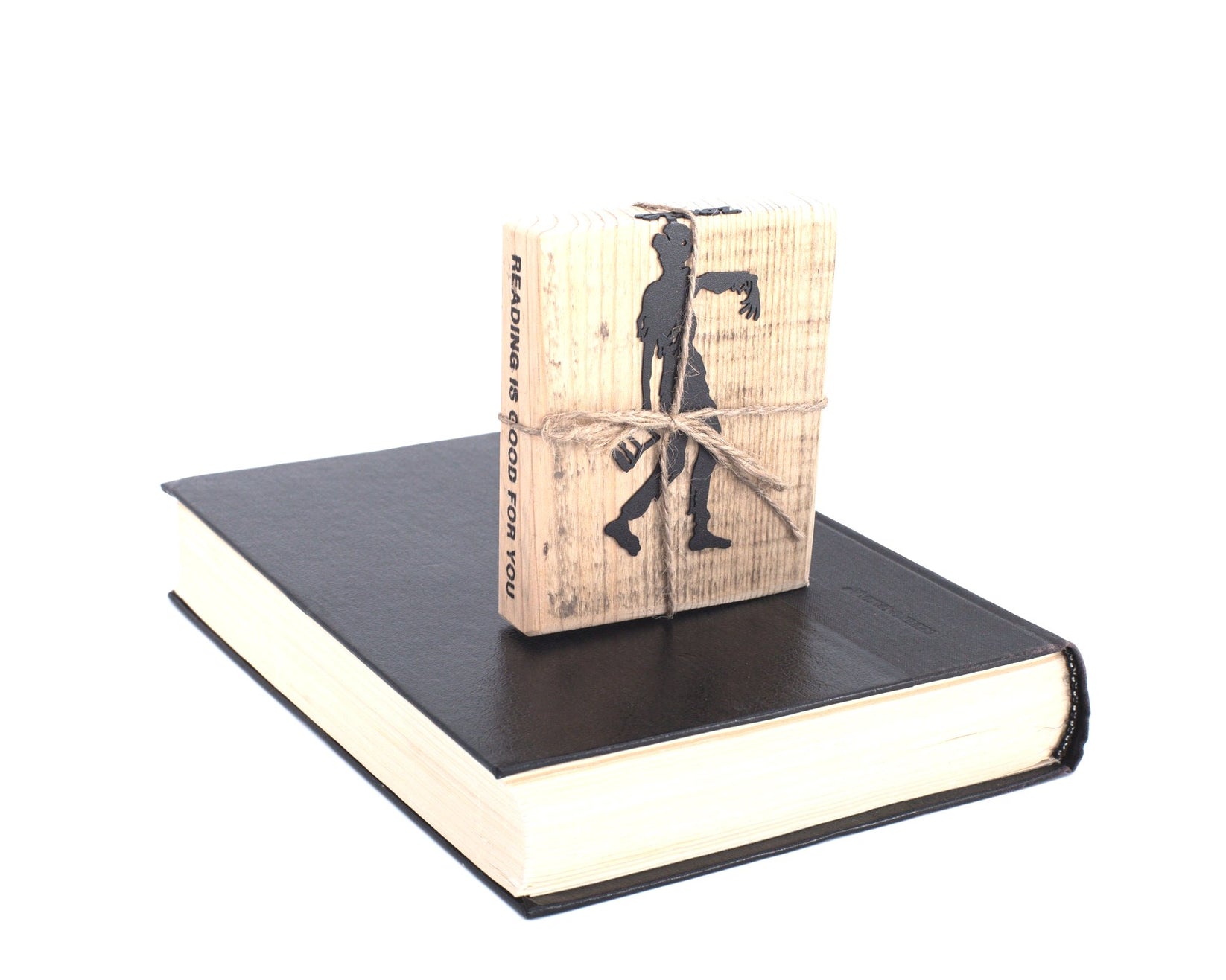 Zombie Walking Dead metal bookmark shown with its wooden gift block